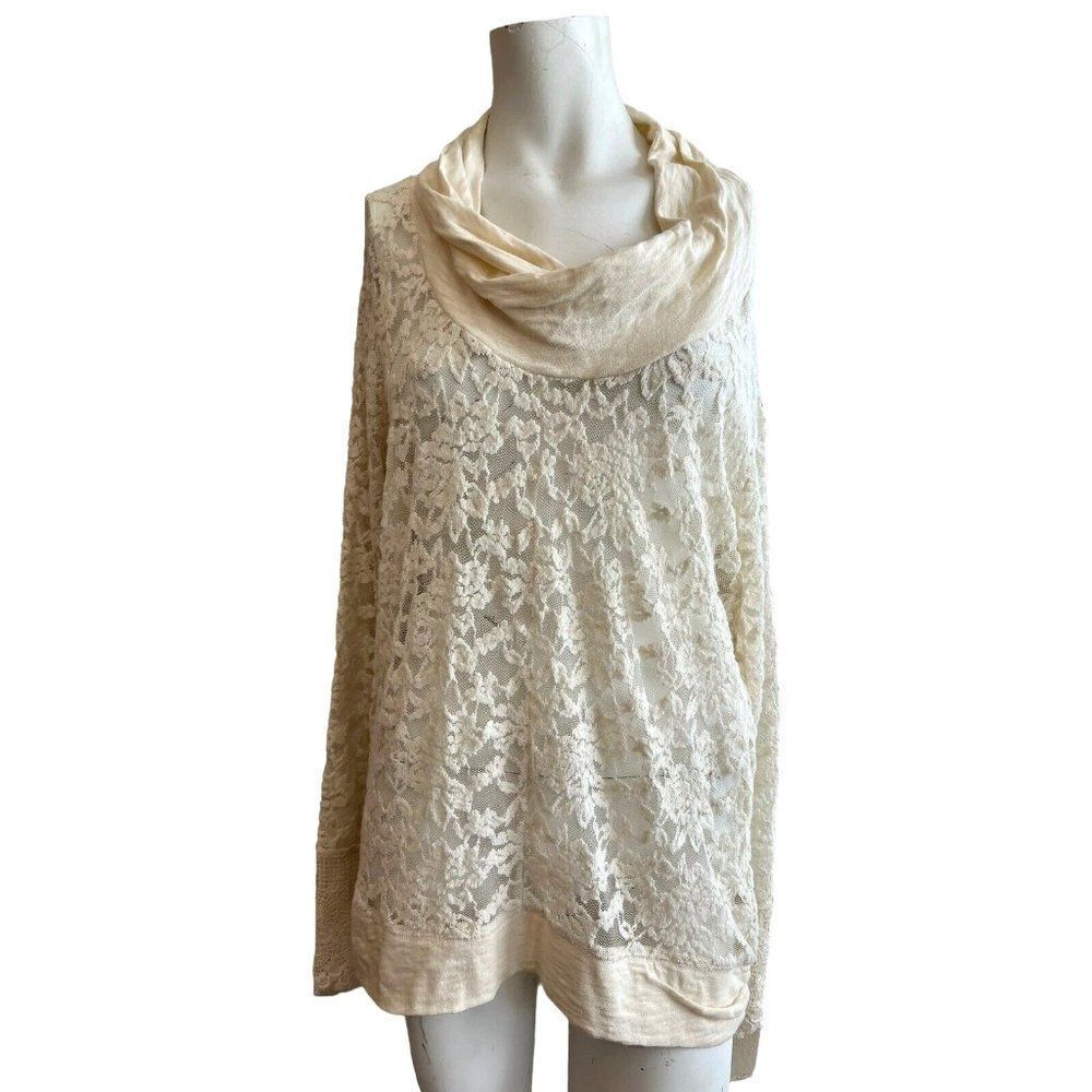 Lilka Anthropologie L Sheer Lace Cowl Neck Long Sleeve Top Blouse Ivory Tunic